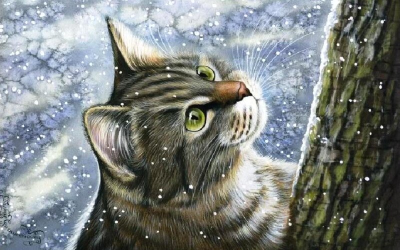 Tabby Cat in Snow — Gray, Calm, Winter, Painting