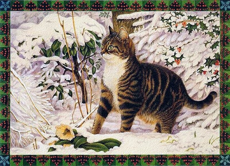 Tabby Cat in Snow — White, Calm, Winter, Illustration