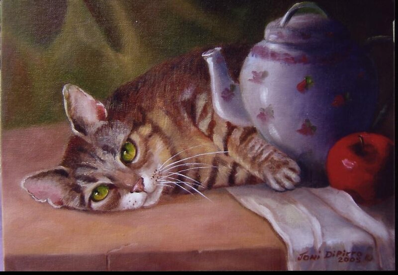 Tabby Cat Lying Down — Brown, Calm, Painting, Teapot