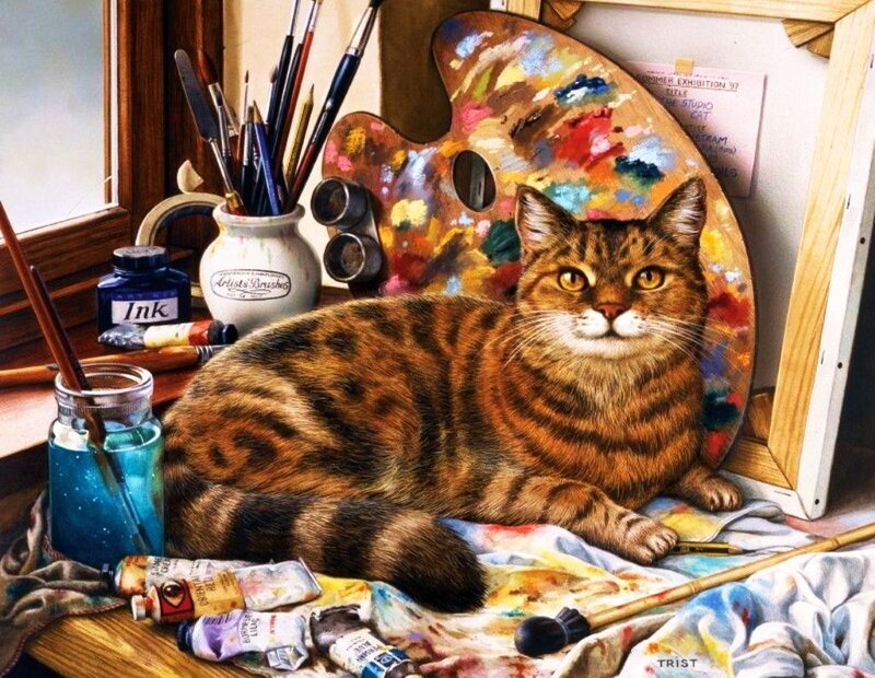 Tabby Cat on Art Supplies — Brown