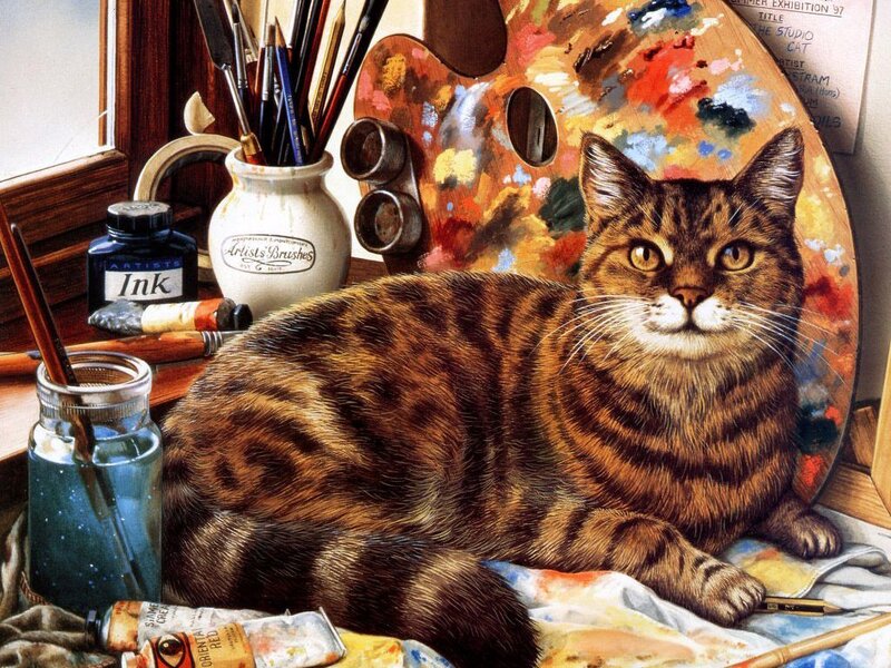 Tabby Cat on Art Supplies