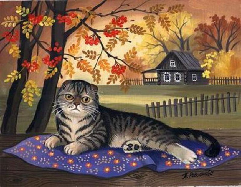 Tabby Cat on Blanket — Blue