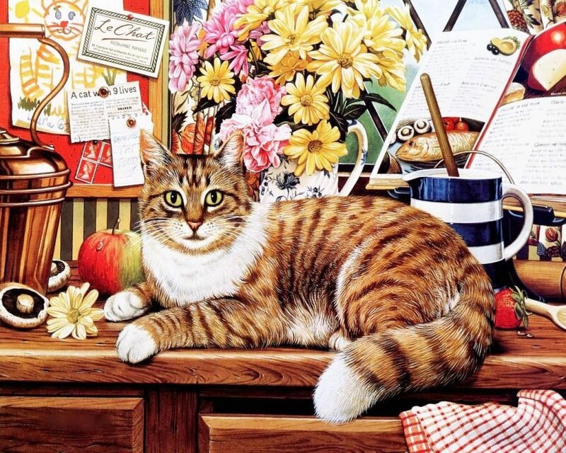 Tabby Cat on Counter — Brown, Cozy