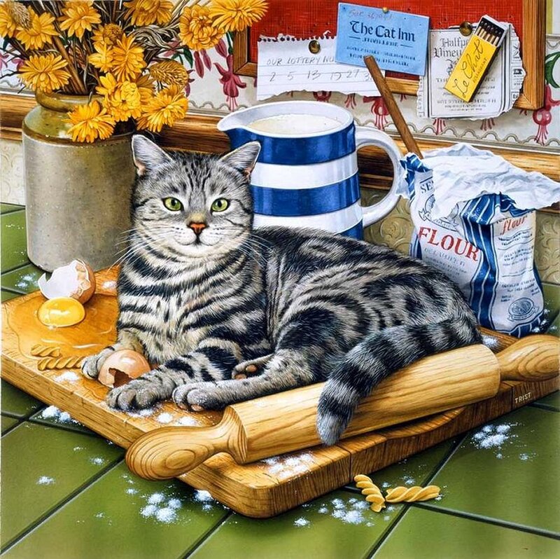 Tabby Cat on Cutting Board — Green