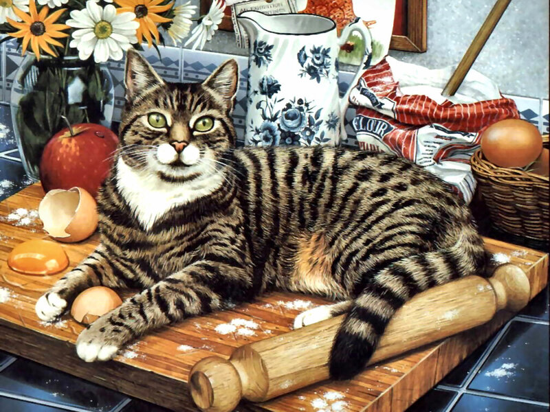 Tabby Cat on Cutting Board