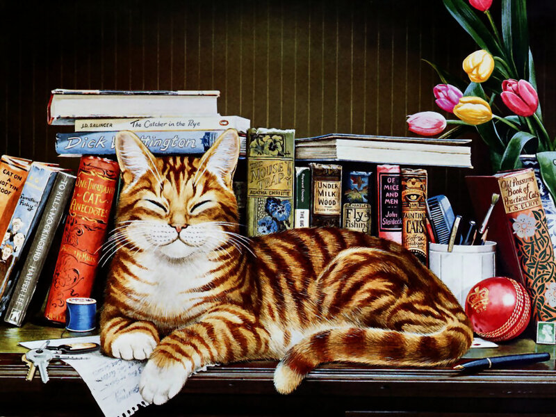 Tabby Cat on Desk — Brown