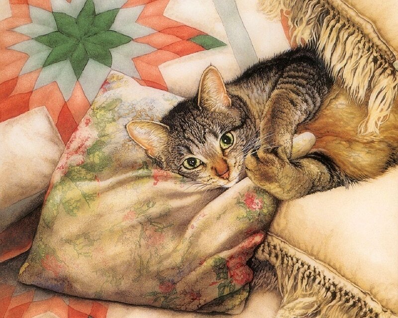 Tabby Cat on Pillow — Brown, Calm, Illustration, Quilt