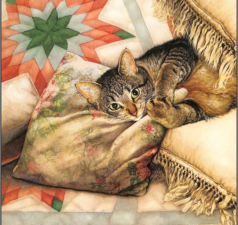 Tabby Cat on Pillow — Brown, Calm, Illustration