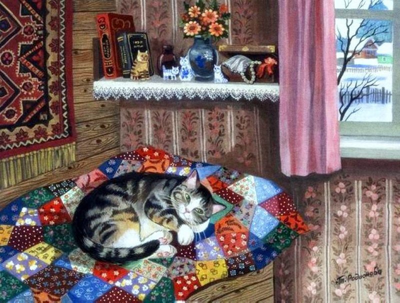 Tabby Cat on Quilt — Brown