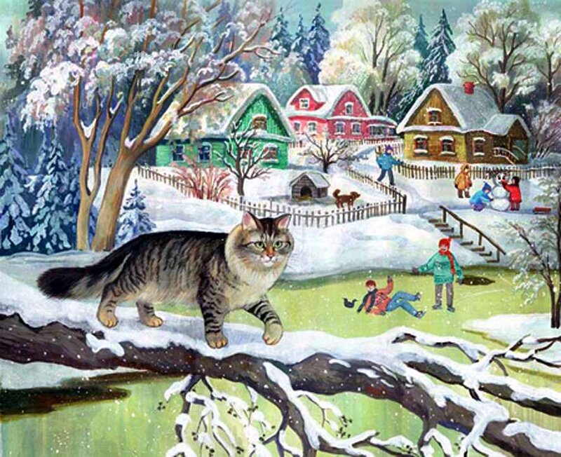 Tabby Cat on Snow-covered Branch