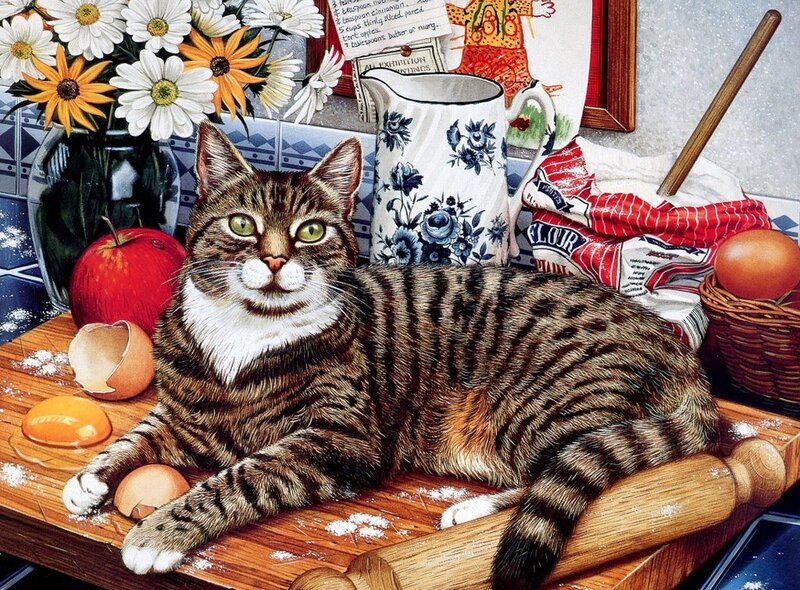 Tabby Cat on Table — Brown, Calm, Illustration, Flowers
