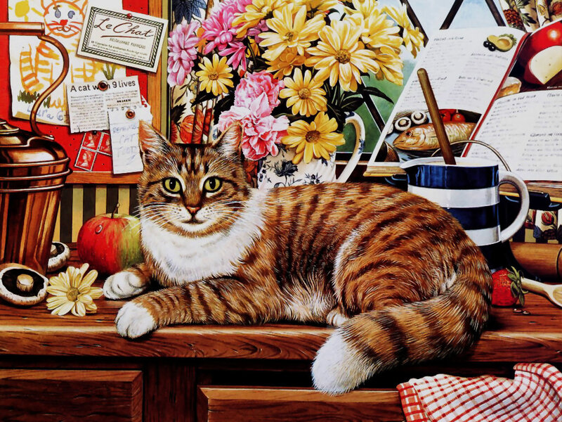 Tabby Cat on Table — Brown, Calm, Illustration