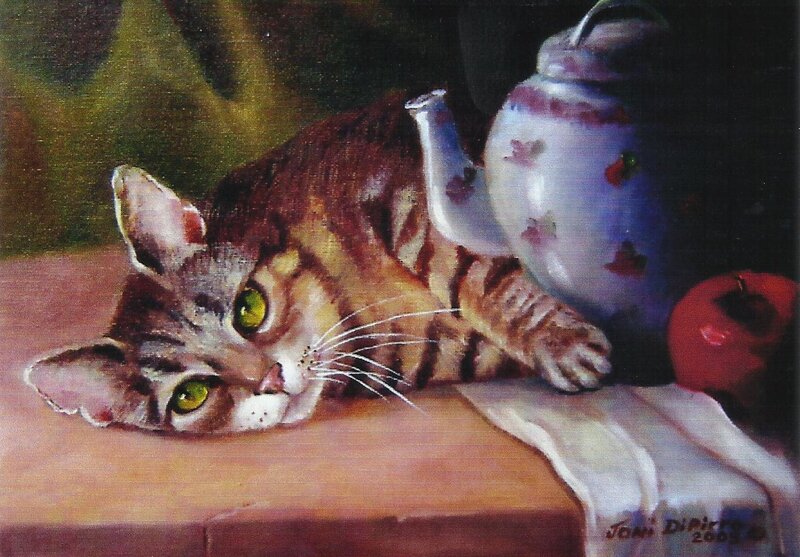 Tabby Cat on Table — Brown, Calm, Painting