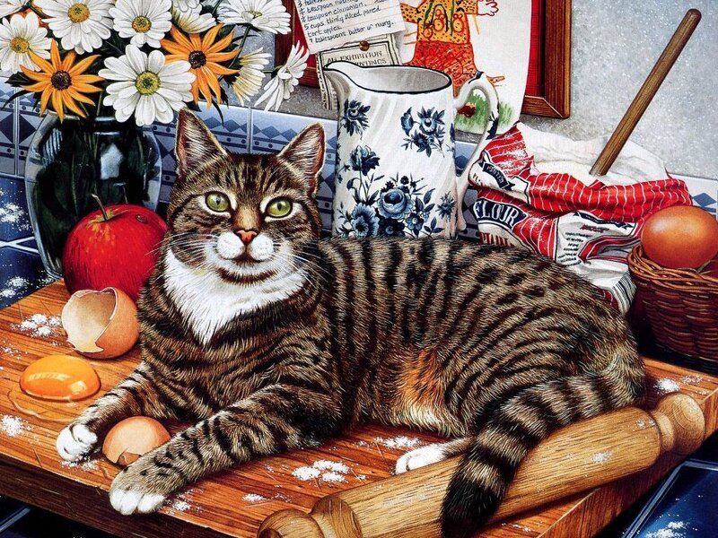 Tabby Cat on Table — Brown