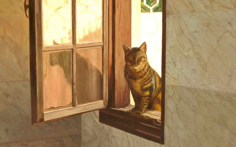 Tabby Cat on Windowsill — Brown, Calm, Afternoon, Painting