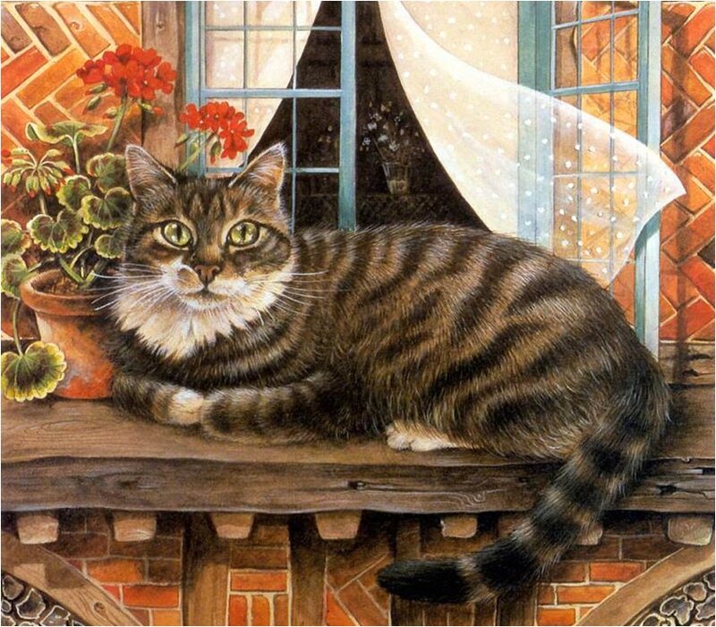 Tabby Cat on Windowsill — Brown, Calm, Afternoon