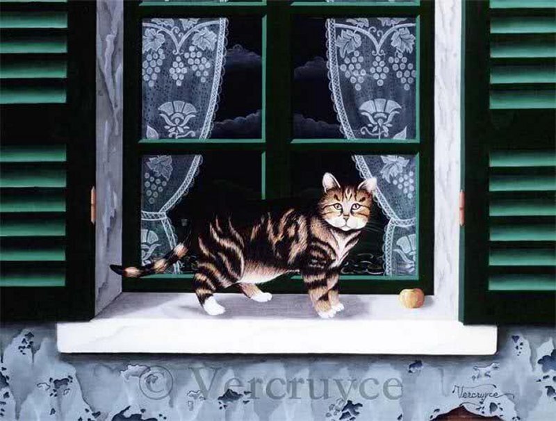 Tabby Cat on Windowsill — Green