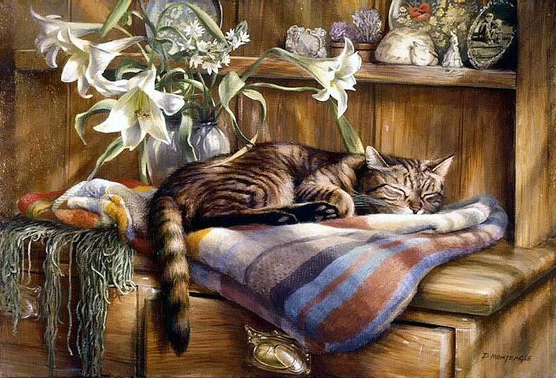 Tabby Cat Sleeping — Brown, Serene, Painting