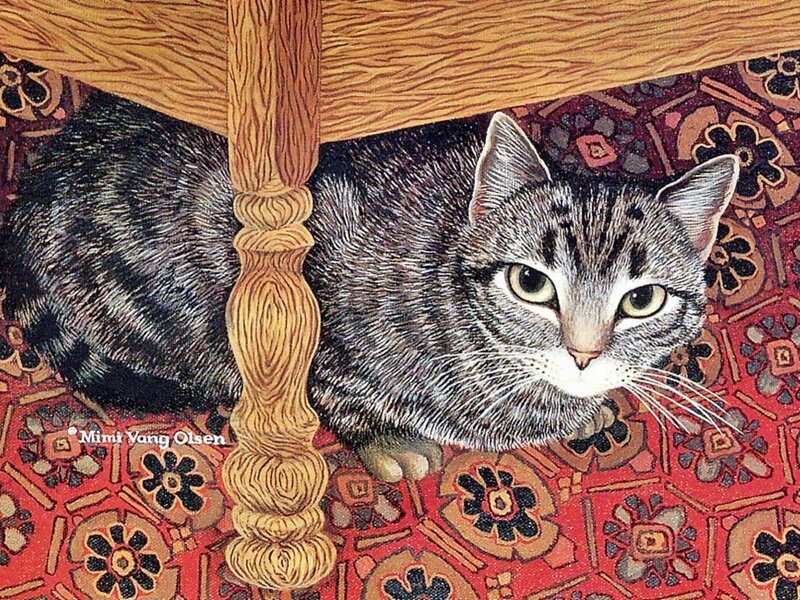 Tabby Cat under Table