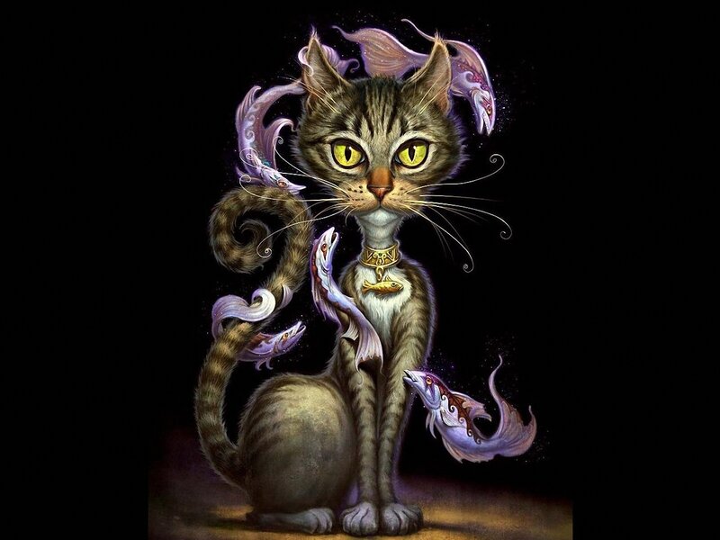 Tabby Cat with Fish — Black