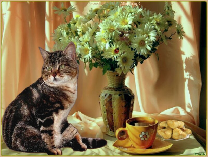 Tabby Cat with Flowers — Yellow, Serene