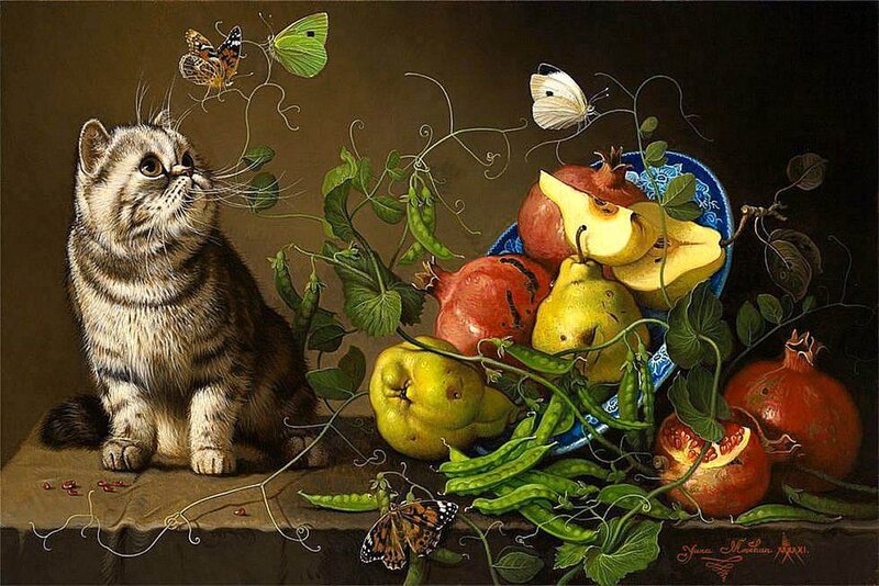 Tabby Cat with Fruit — Brown