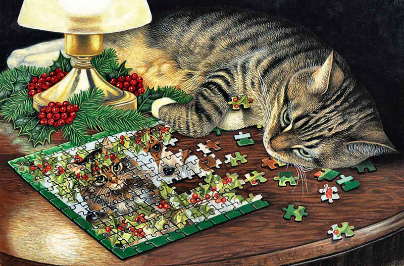 Tabby Cat with Puzzle — Brown, Calm