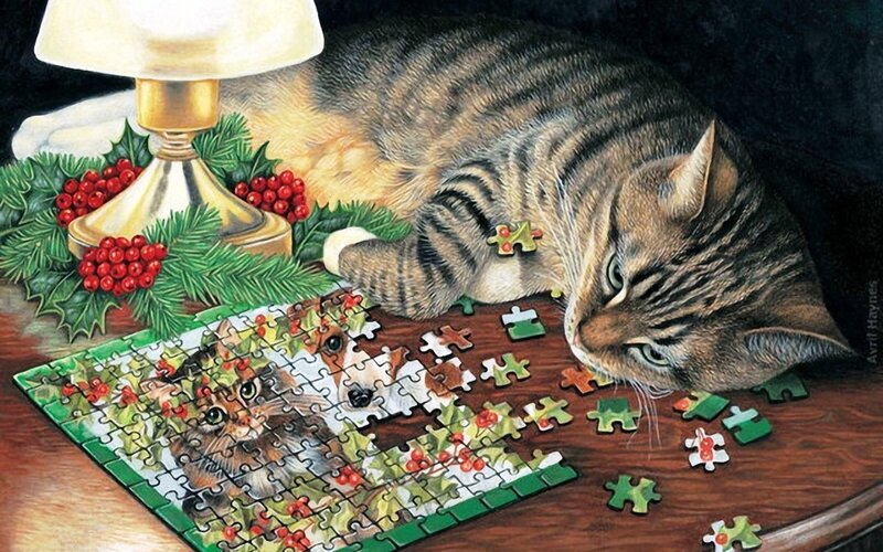 Tabby Cat with Puzzle — Brown