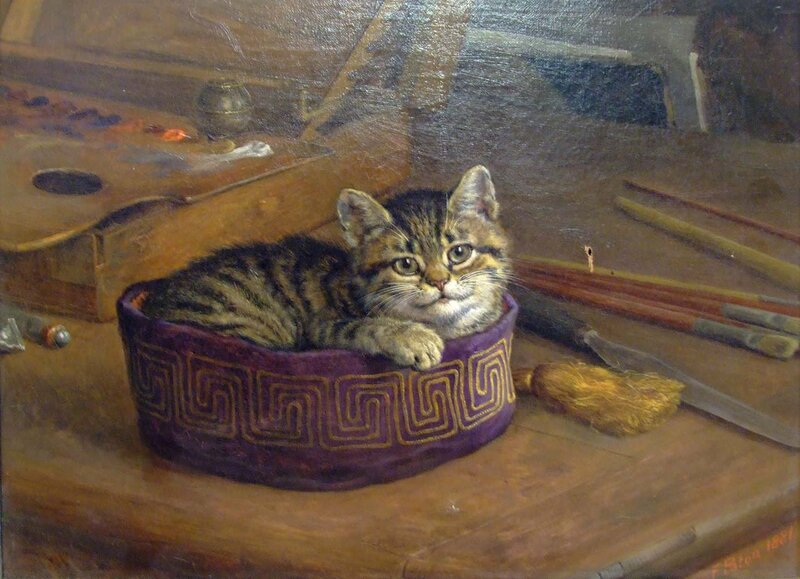 Tabby Kitten in Basket — Brown, Calm, Painting