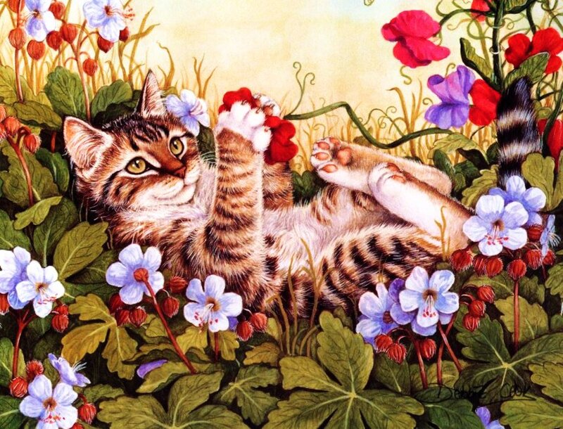 Tabby Kitten in Flowers — Green, Playful, Spring