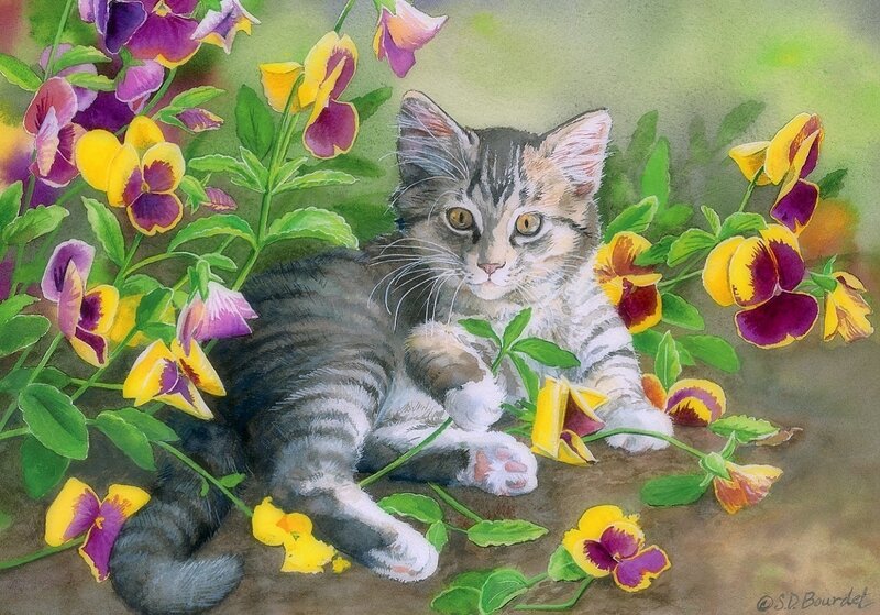 Tabby Kitten in Flowers — Green, Serene, Spring