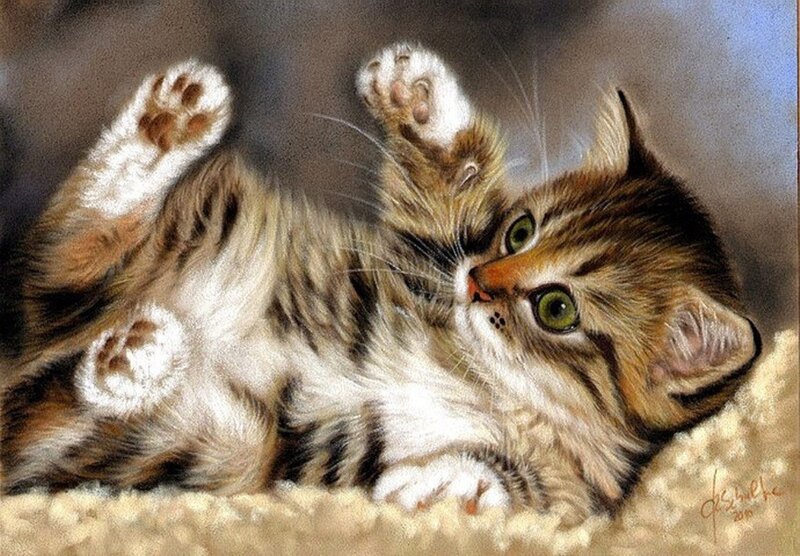Tabby Kitten Playing — Brown, Playful, Painting