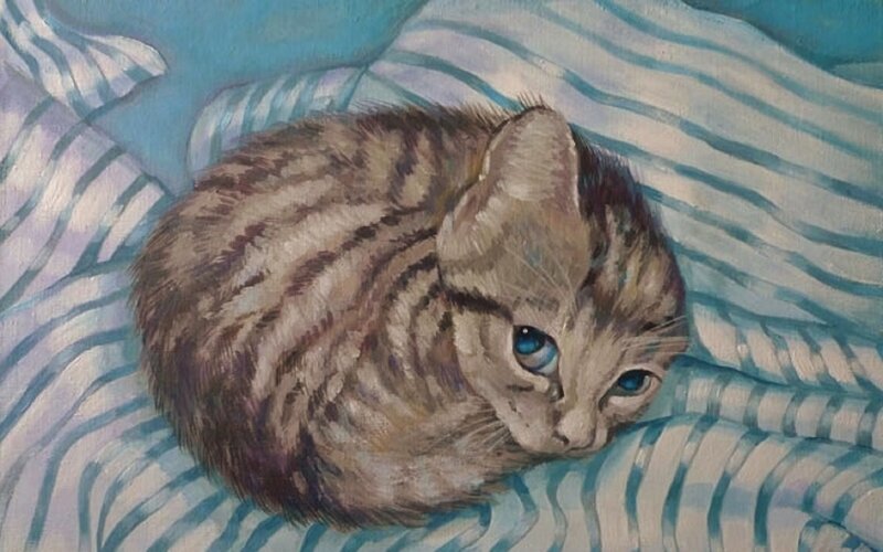 Tabby Kitten Sleeping — Blue, Calm, Painting