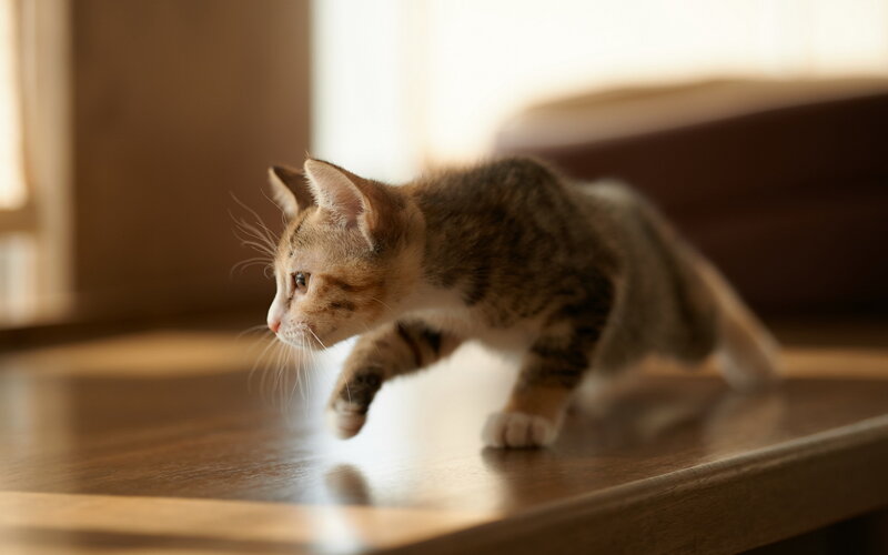 Tabby Kitten Walking — Brown, Calm, Morning