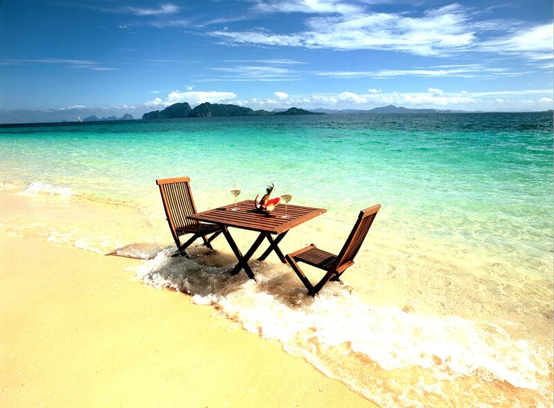 Table and Chairs on Beach — Blue