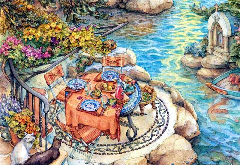 Table by River with Cats