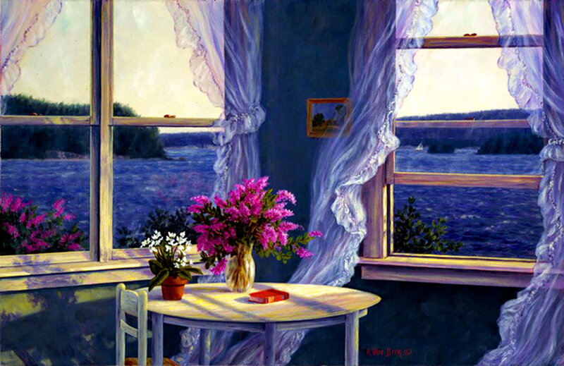 Table by Window with Flowers — Purple