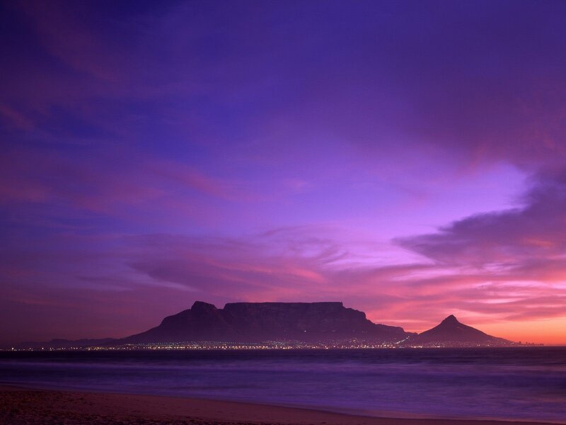 Table Mountain at Dusk — Purple, Serene, Sunset, Photograph, City Lights