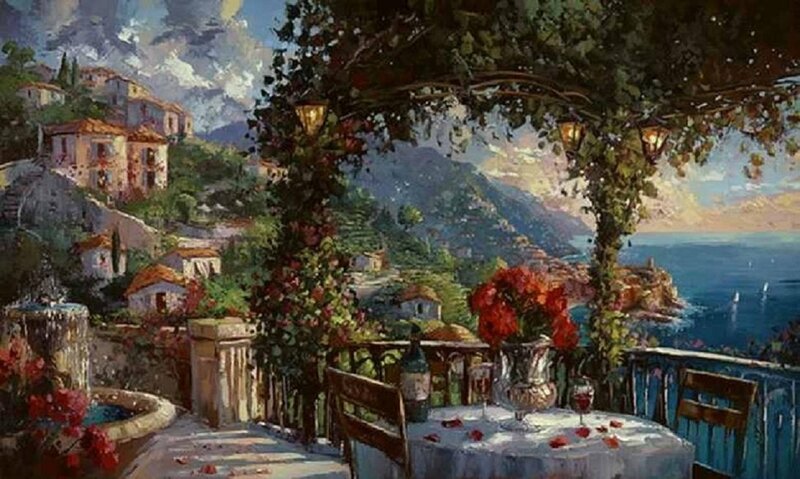 Table on a Balcony — Blue, Serene, Sunset