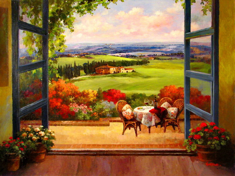 Table on a Terrace — Green, Serene, Afternoon, Painting