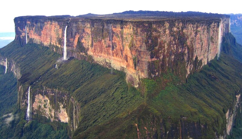 table-top mountain with waterfalls