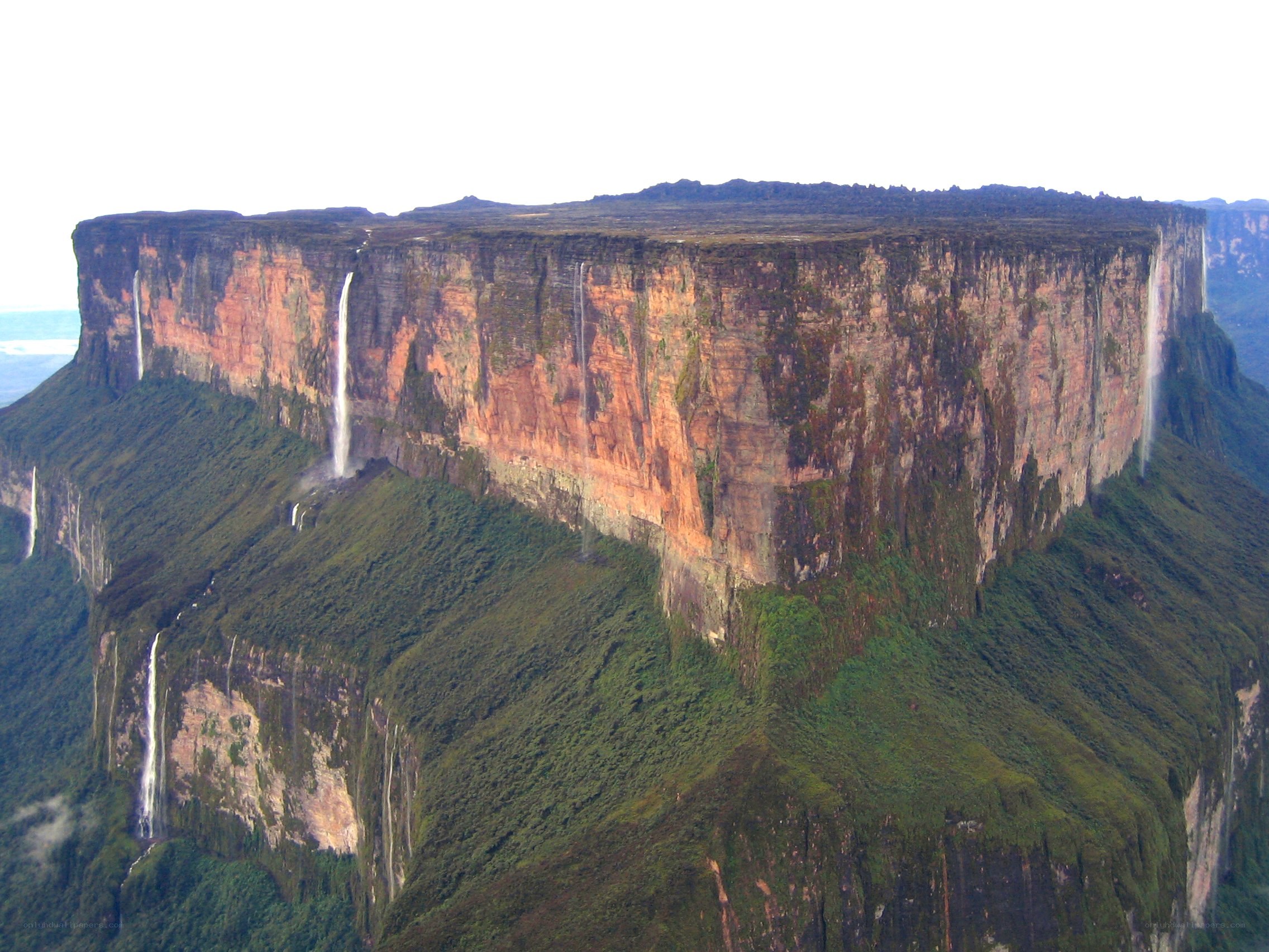 table-top mountain with waterfalls