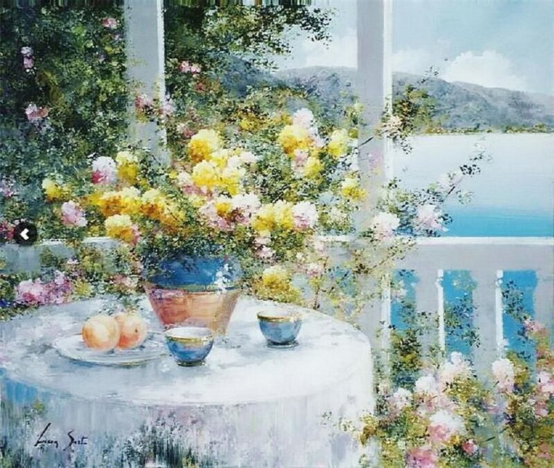 Table with Flowers and Fruit — Yellow