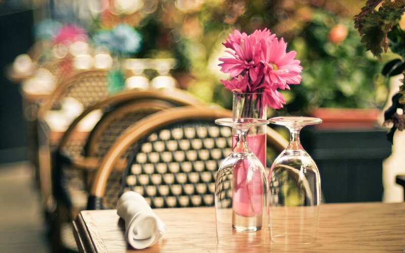 Table with Flowers and Glasses — Pink, Calm