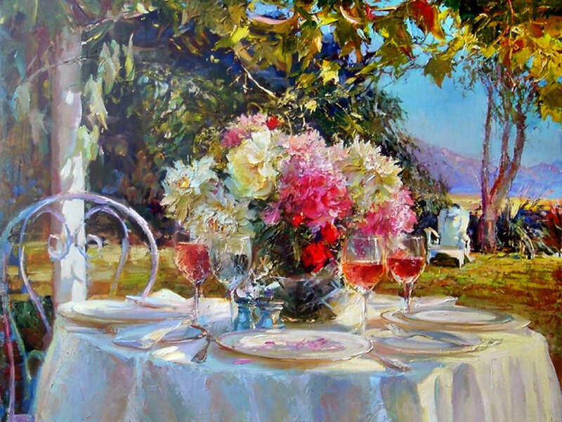 Table with Flowers and Wine