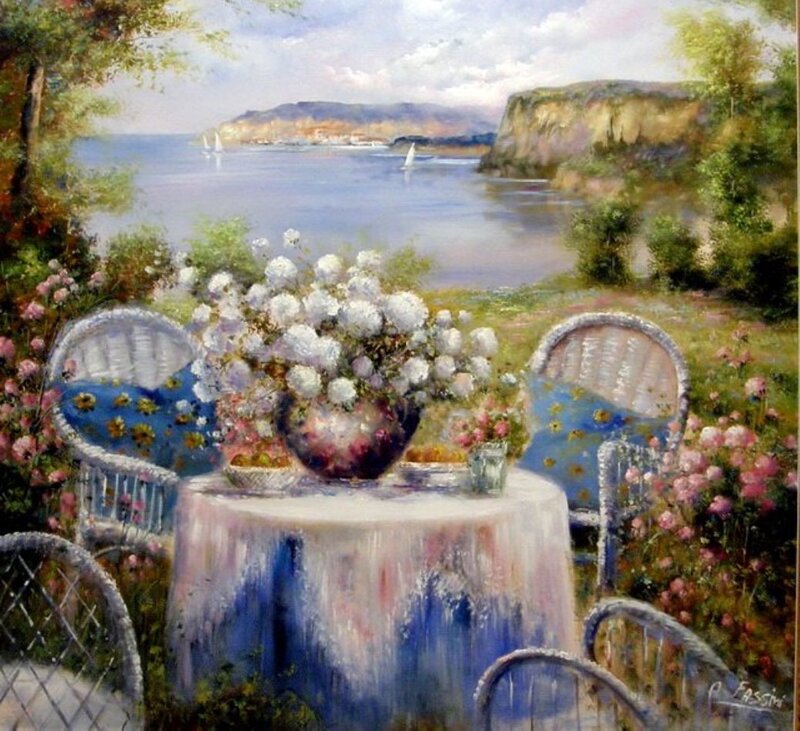 Table with Flowers by Sea