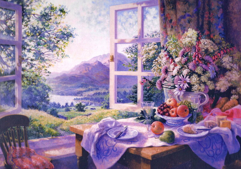 Table with Fruit and Flowers — Purple