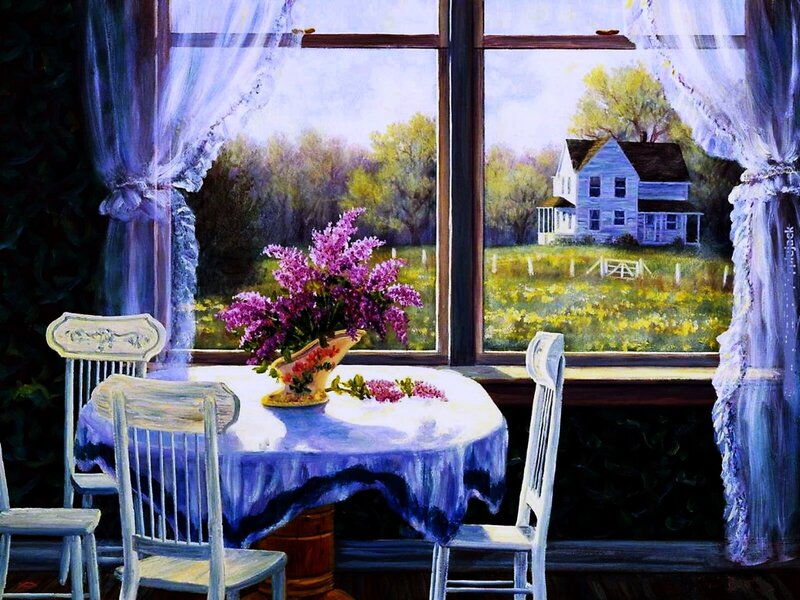 Table with Lilac Flowers — Purple, Serene