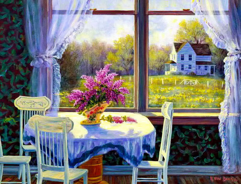 Table with Lilac Flowers — Purple