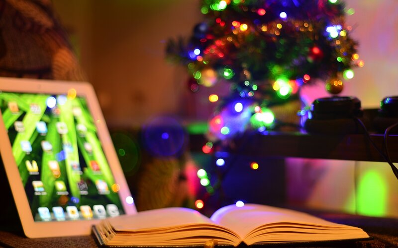 Tablet and Book on Table — Green, Cozy